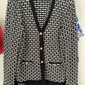 Tahari Monochrome Knit Cardigan with Gold Accents